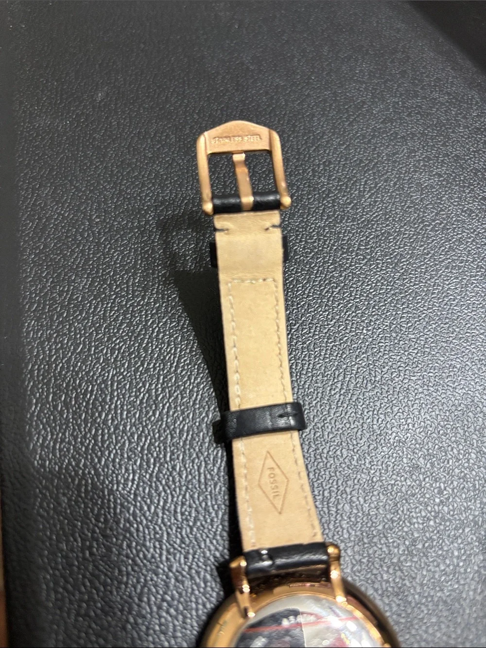 Fossil Rose Gold-Tone Watch with Mother-of-Pearl Dial and Black Strap - Picture 2 of 4